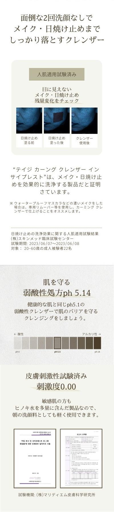 面倒な2回洗顔なしでメイク・日焼け止めまでしっかり落とすクレンザー。“テイジ カーング クレンザー イン サイプレスト”は、メイク・日焼け止めを効果的に洗浄する製品だと証明さています。ウォータープルーフマスカラなどの濃いメイクをした場合は、専用リムーバー等を使用し、カーミング クレンザーで仕上げることをオススメします。肌を守る弱酸性処方ph 5.14。皮膚刺激性試験済み刺激度0.00。敏感肌の方もヒノキ水を多量に含んだ製品なので、朝の洗顔料としても軽く使用できます。