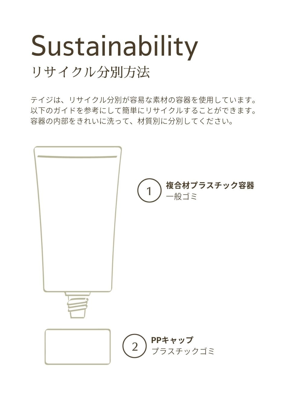 リサイクル分別方法：テイジは、リサイクル分別が容易な素材の容器を使用しています。以下のガイドを参考にして簡単にリサイクルすることができます。容器の内部をきれいに洗って、材質別に分別してください。